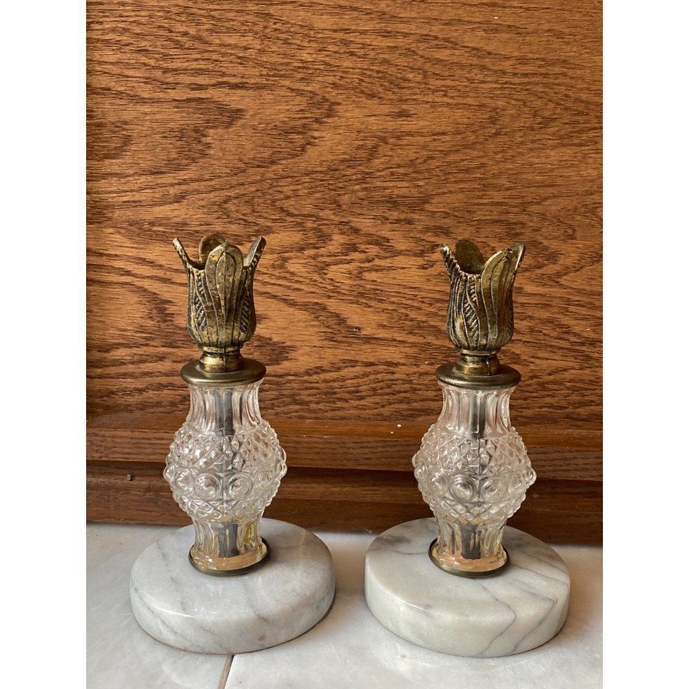 Pair of Vintage Candleholders Crystal Glass Brass Marble Base 7” tall